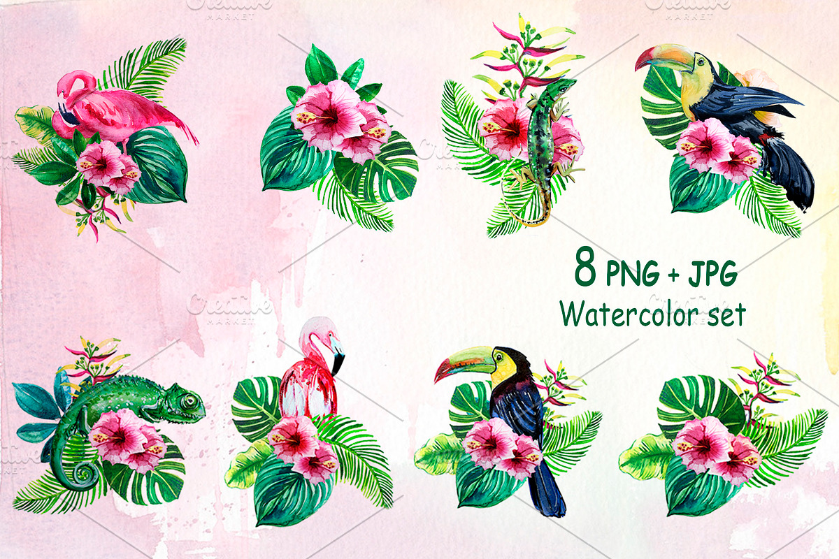 Watercolor tropical leaves Clipart, a Decorative Illustration by lilisavelieva (Photo 5 of 7)