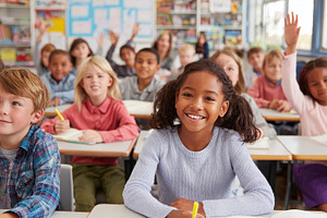 Happy Girl Raises Hand in Elementary, a Photo by Pixeness Studio