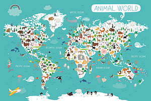 Cute Animals Vector World Map