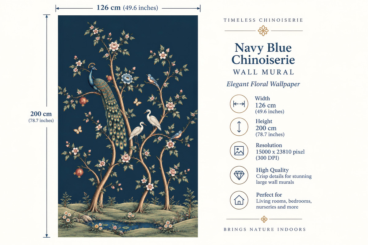Navy Blue Chinoiserie Wall Mural, a Wallpaper Graphic by by creative paper (Photo 4 of 20)