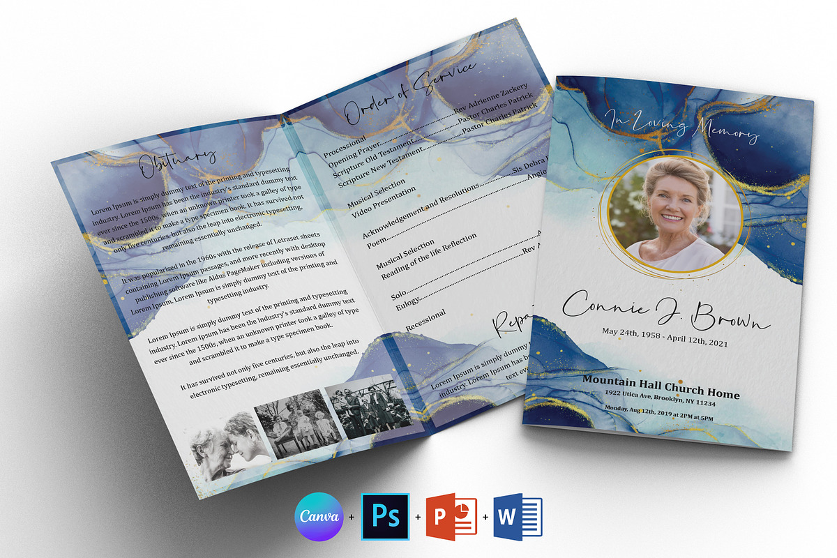 Blue Gold Funeral Program Template, a Brochure Template by Designscozy (Photo 1 of 8)