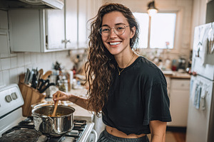 Happy woman cooking soup in her kitc, a Photo by Pixeness Studio