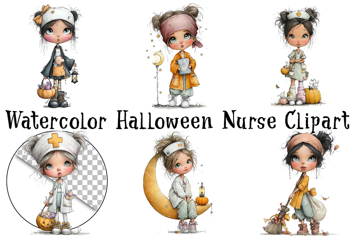Watercolor Halloween Nurse Clipart, a Seasonal Illustration by OK Design (Photo 2 of 6)