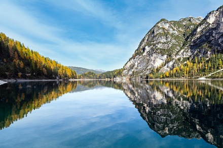 Autumn peaceful alpine lake Braies or Pragser Wildsee. Fanes-Sen, a Nature Photo by YuriyB