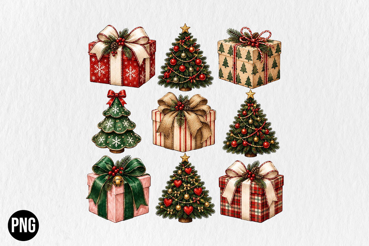 Preppy Christmas Tree Gift Box PNG, a Seasonal Illustration by CraftArtStudio (Photo 1 of 4)