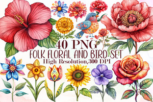 Folk Floral and Bird Clipart Set, an Illustration by Sublimation Artist