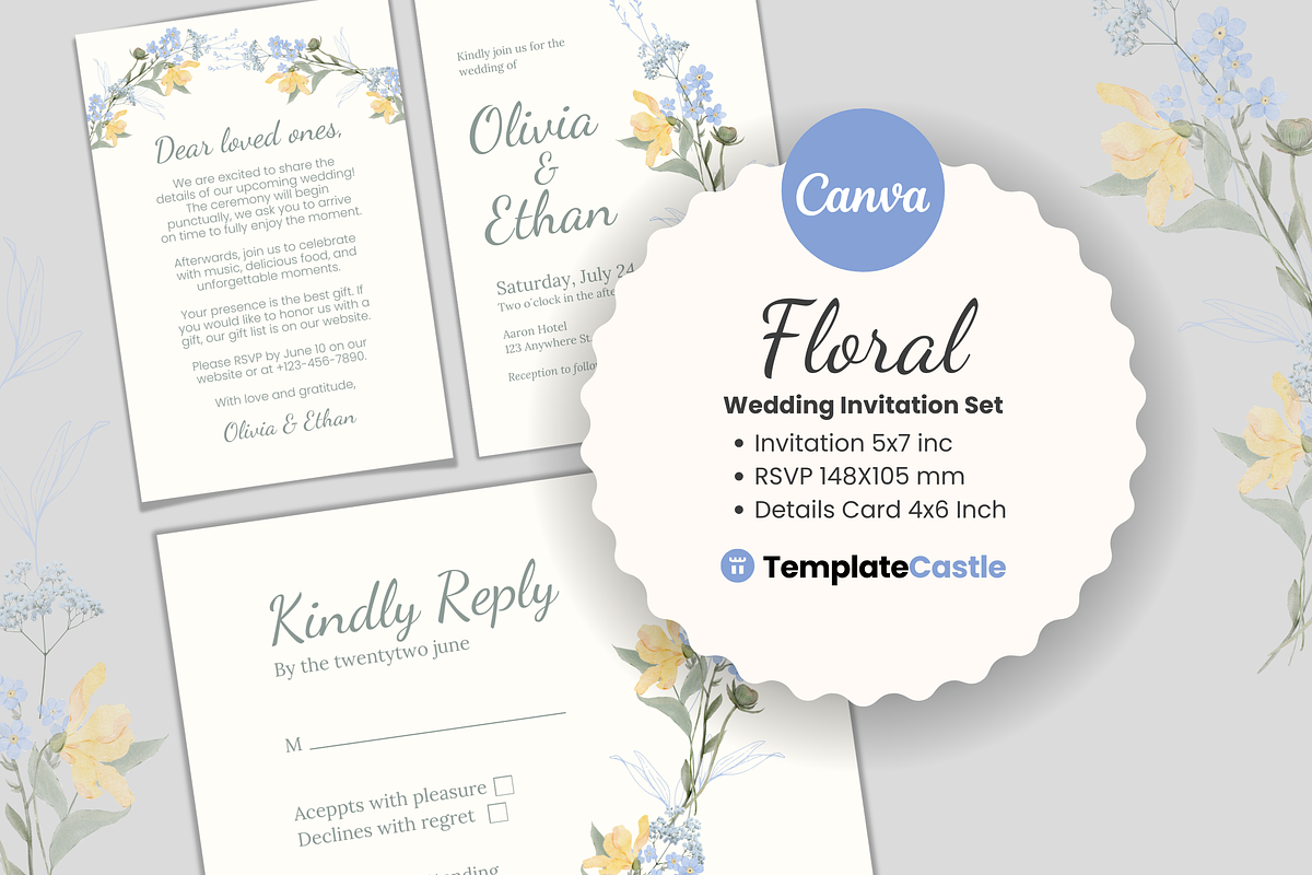 Floral Wedding Invitation Set, an Invitation Template by TemplateCastleStore (Photo 2 of 8)