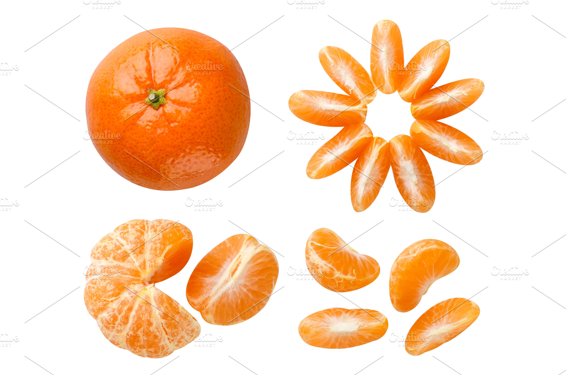 Set of tangerines and peeled slices, a Food & Drink Photo by innakreativ