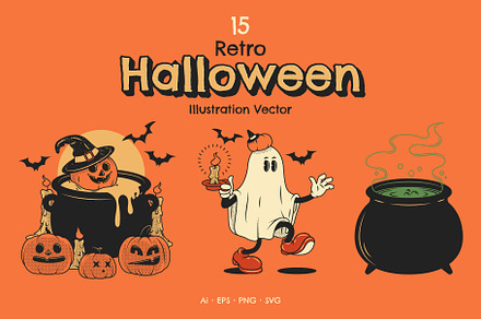 Retro Halloween Illustrations Vector, a Seasonal Illustration by Sandypramana