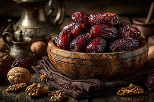 Dates and walnuts on wooden table, a Food & Drink Photo by shahsoft