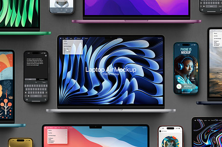 Laptop Air Mockup Phone 15 Pro Set, a Mac Mockup by Avelina Studio