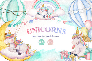 Unicorns. Watercolor Set