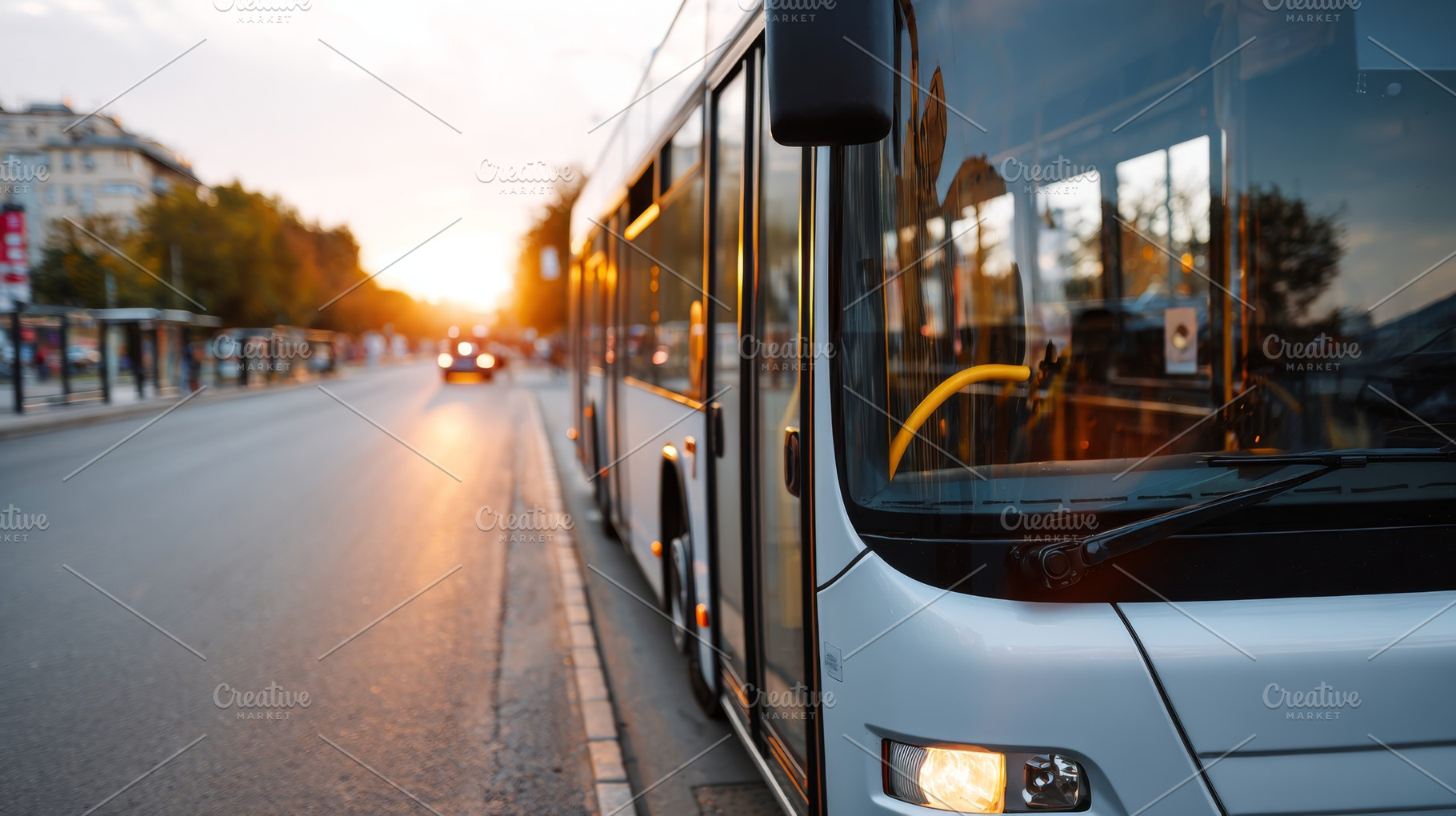 A city bus waits at a stop as the sun sets, illuminating the street and creatin, a Business Photo by ImageMir