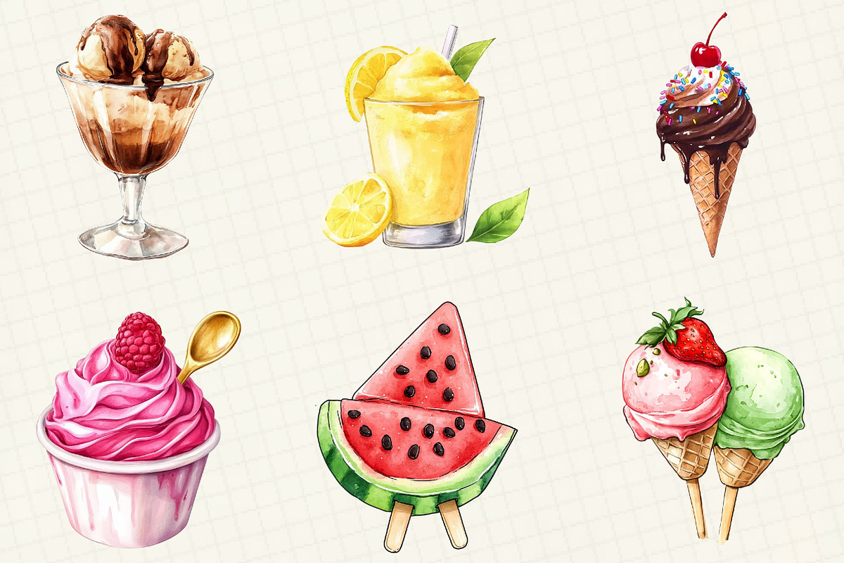 Watercolor Summer Ice Cream Clipart, an Illustration by OK Design (Photo 2 of 5)