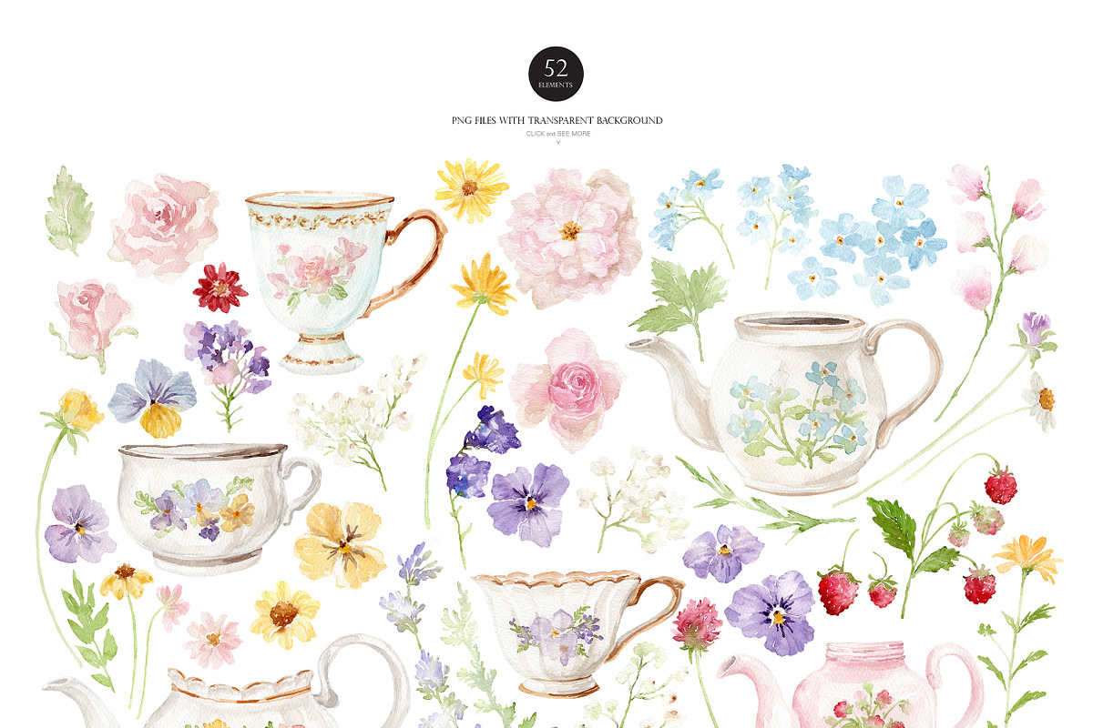 Watercolor Clipart - FLORAL TEATIME, a Decorative Illustration by Beigetime (Photo 3 of 9)