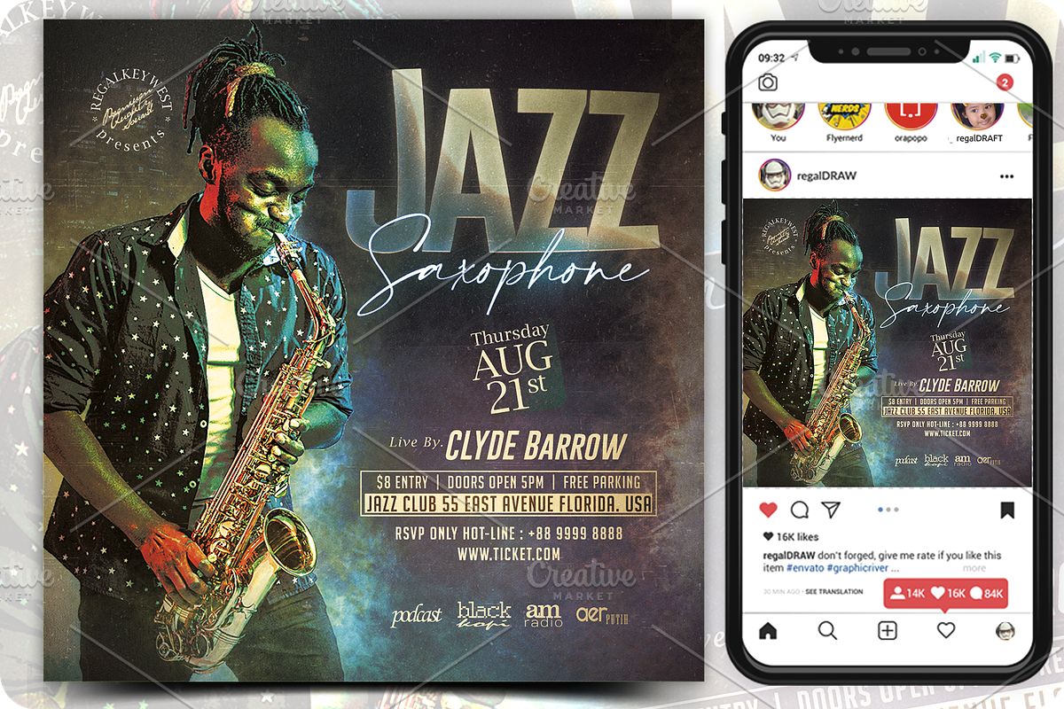 Jazz Saxophone Flyer, a Flyer Template by regalDRAW (Photo 1 of 3)