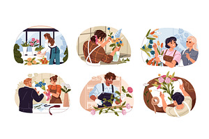Florists with flowers, bouquets set, a Person Illustration by PaperTrident
