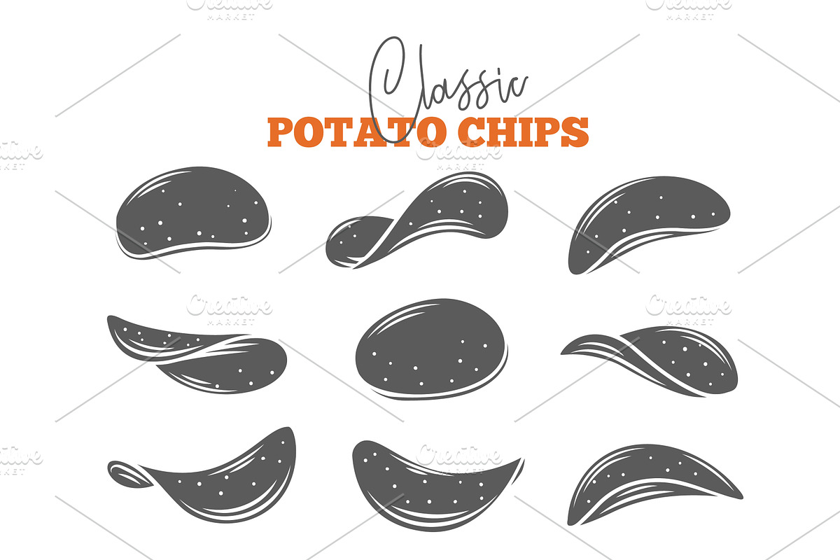 Potato chips set glyph icon, an Object Illustration by VictoriaSergeeva