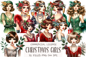 1920 Coquette Christmas Girl Clipart, an Illustration by OK Design