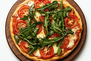 Margherita pizza garnished with toma, a Food & Drink Photo by Pixeness Studio