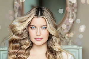 Beautiful woman with long wavy blonde hair and blue eyes looking, a Person Photo by Studio ANNA