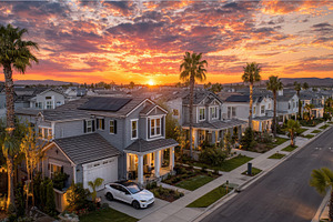 Sunset view of modern homes with sol, a Photo by Pixeness Studio