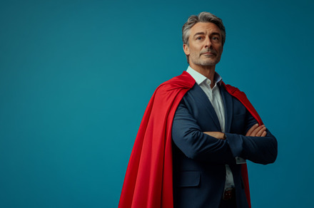 Confident Executive in Red Cape Staring into Distance, an Abstract Photo by Natalia Klenova's Shop