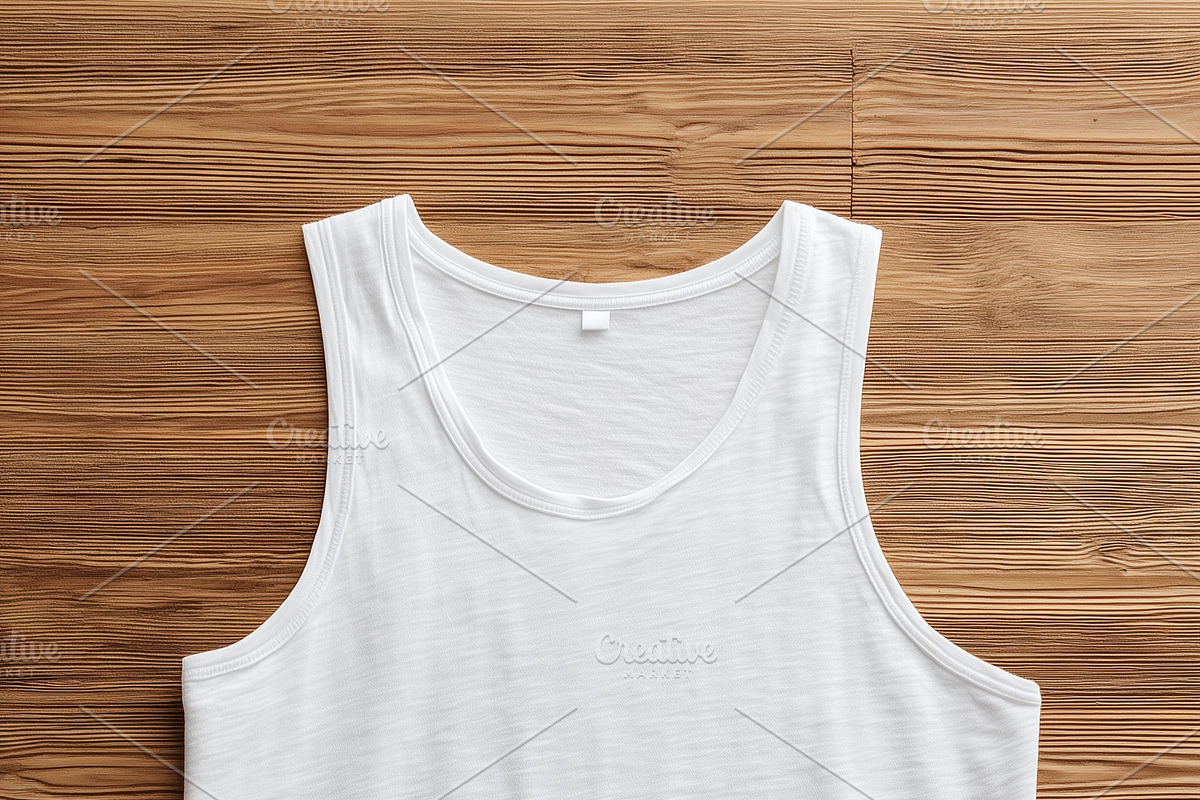 A plain white tank top mockup laid flat on a wooden surface, showcasing its sim, a Shirt Mockup by Textures & Backgrounds