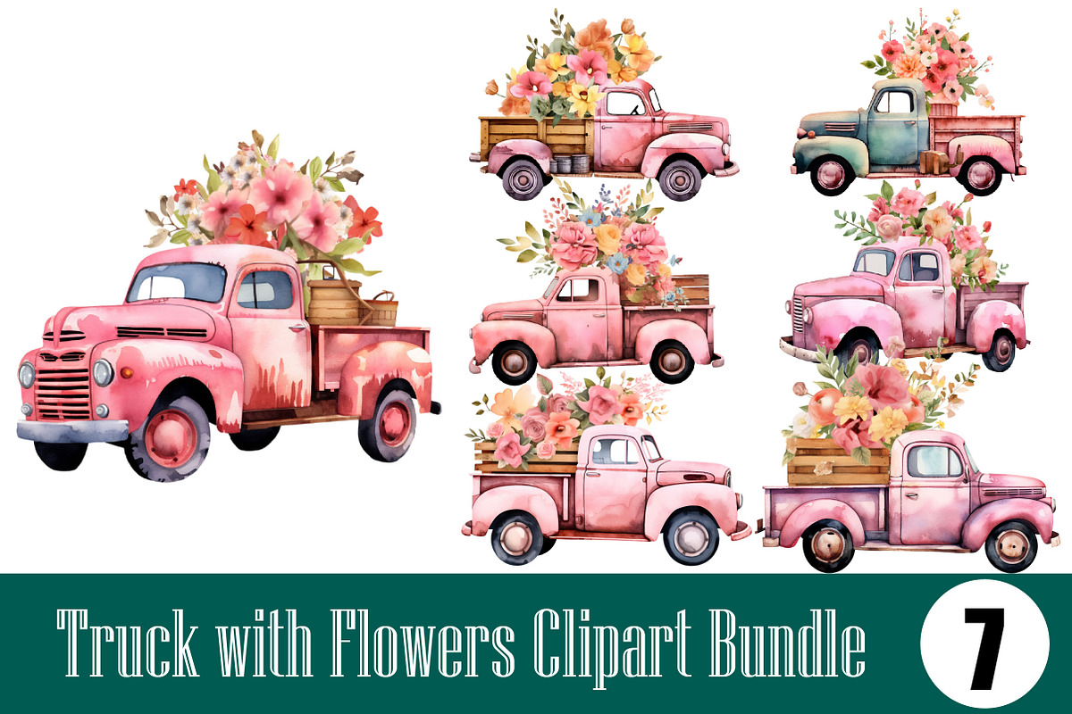 Truck with Flowers  Clipart Bundle, an Illustration by Wow Magic
