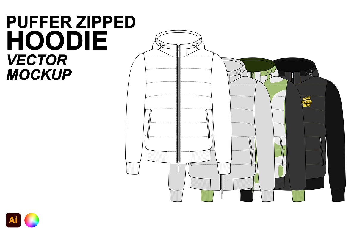 Puffer Zipped Hoodie Vector Mockup, an Apparel Mockup by Infinity Mockups (Photo 1 of 9)
