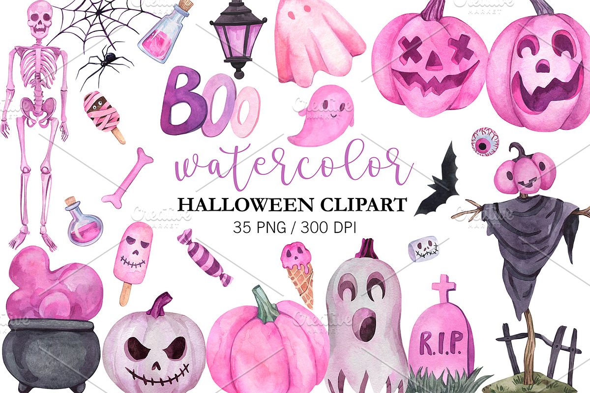 Watercolor Pink Halloween Clipart, a Seasonal Illustration by PatternPalette (Photo 1 of 2)