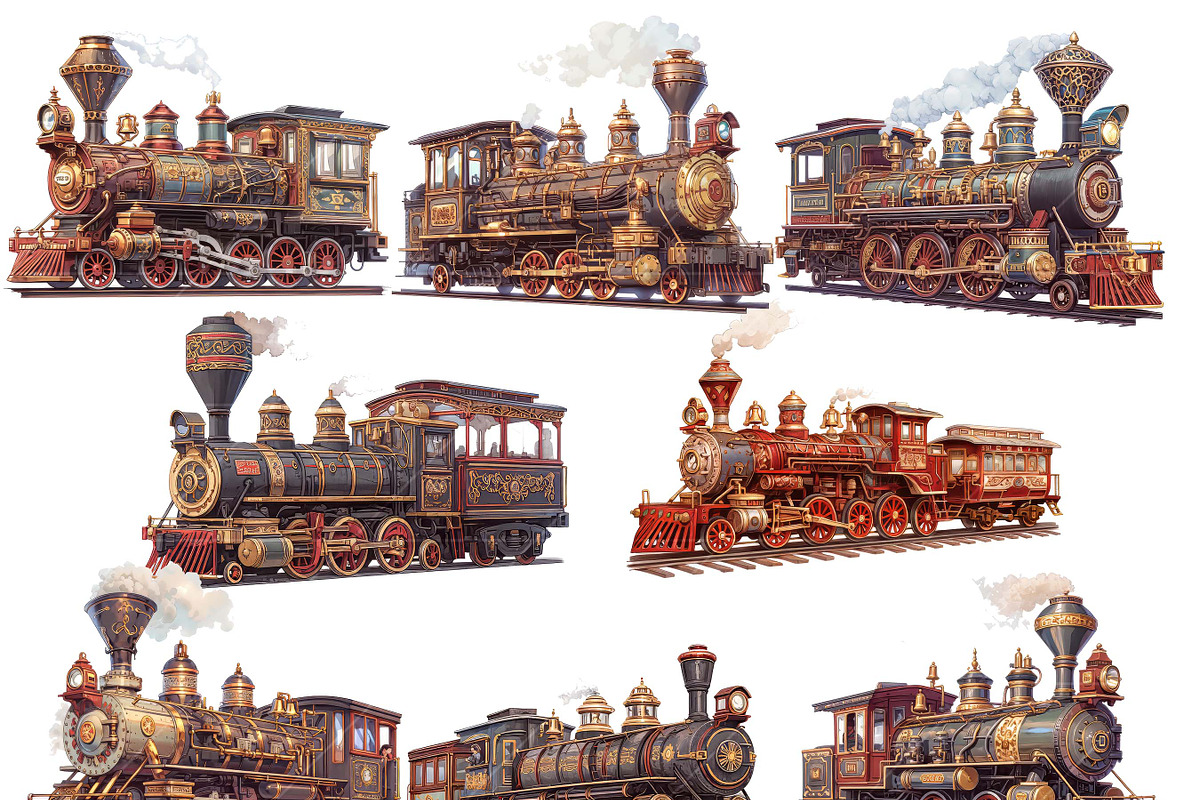 Watercolor Vector Steampunk Trains, a Transportation Illustration by Design Scotch (Photo 2 of 7)