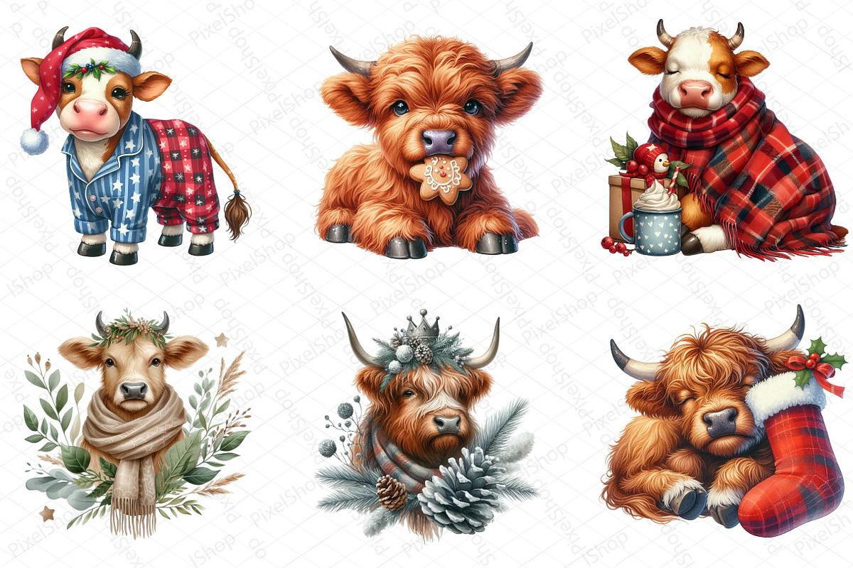 Christmas Highland Cow Clipart Bundl, an Illustration by DreamPrint404 (Photo 4 of 4)