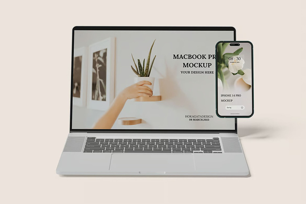 Macbook Pro iPhone 14 Pro Max Mockup, a Mac Mockup by zpackcreative (Photo 5 of 6)