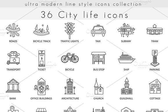 36 Modern City Life Icons Set.