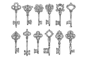 Vintage keys vector isolated icons sketch set, an Illustration by Vector Tradition