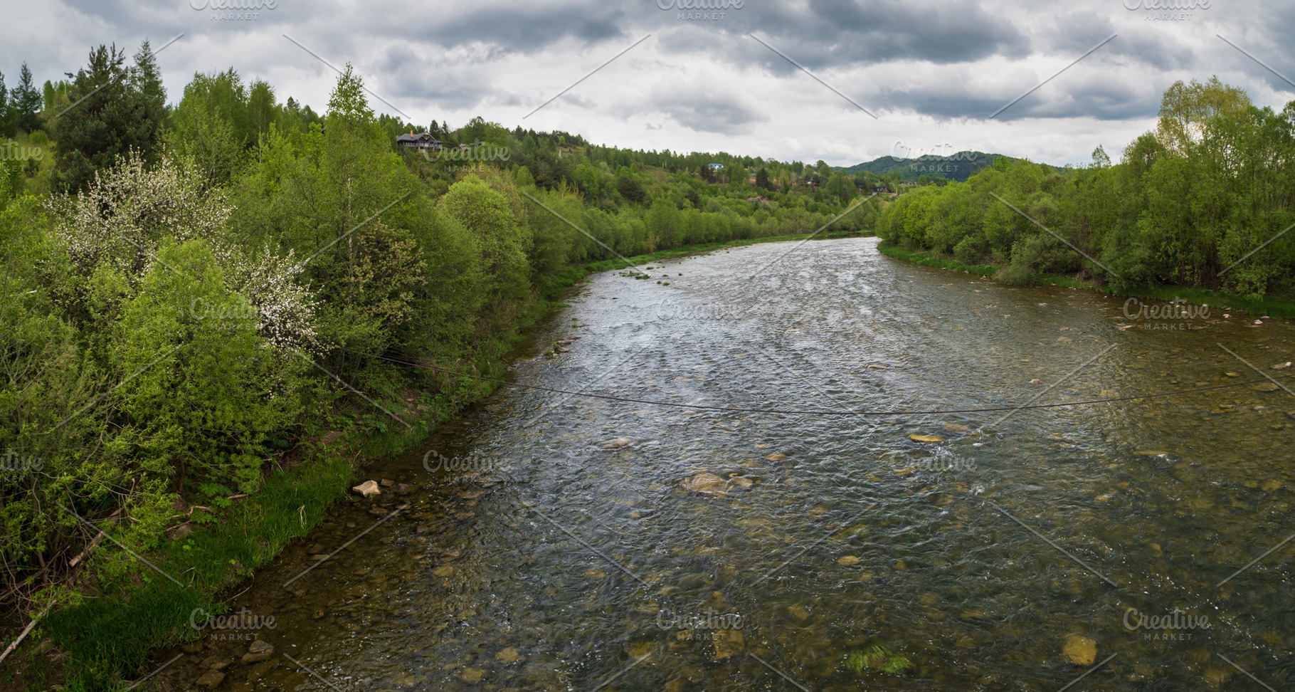 Spring picturesque river band view. Mountains scenery view behin, a Nature Photo by YuriyB