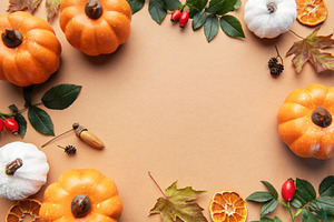 Autumn harvest festival flat lay with pumpkins and leaves
