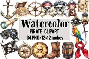 Watercolor Pirate Clipart, an Illustration by Design Market