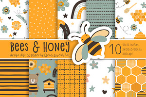 Bees, Honey Cartoon Digital Paper