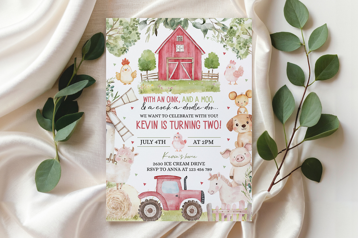 Farm Animals 2nd Birthday Invitation, a Templates & Theme by VeliusCreativeStudio (Photo 3 of 3)