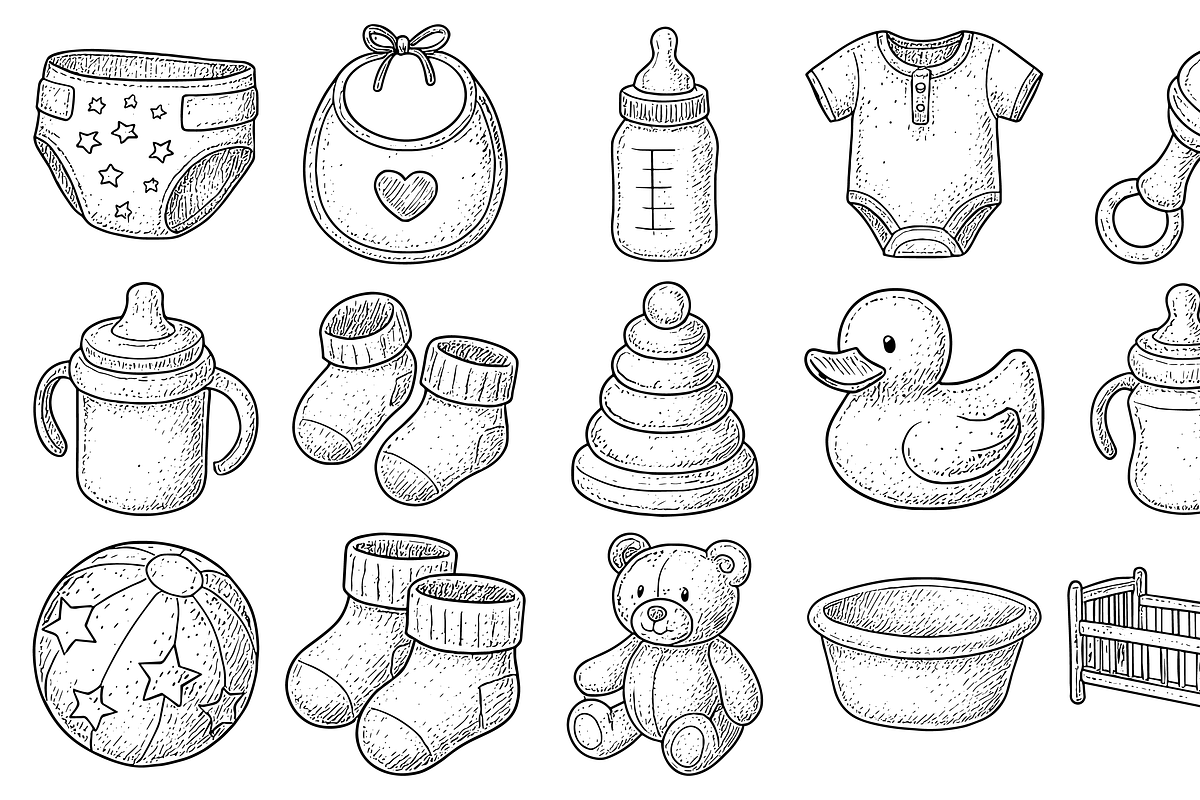 HandDrawn Baby Essentials Icon Set, an Illustration by Sempu