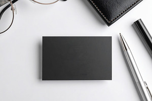 Modern black business card centered on a white desk, a Business Photo by DanFLCreativo