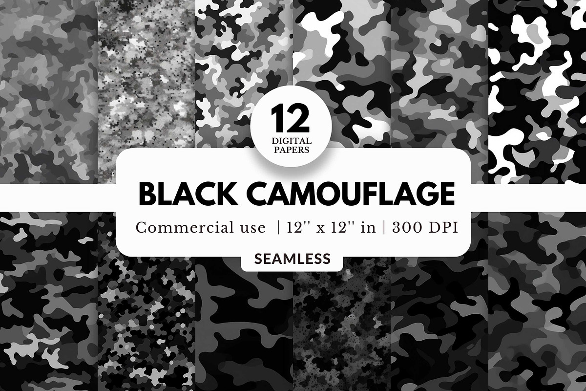 12 Black Camouflage Digital Papers, a Background Graphic by NorthWindPixels, image size:1200x800