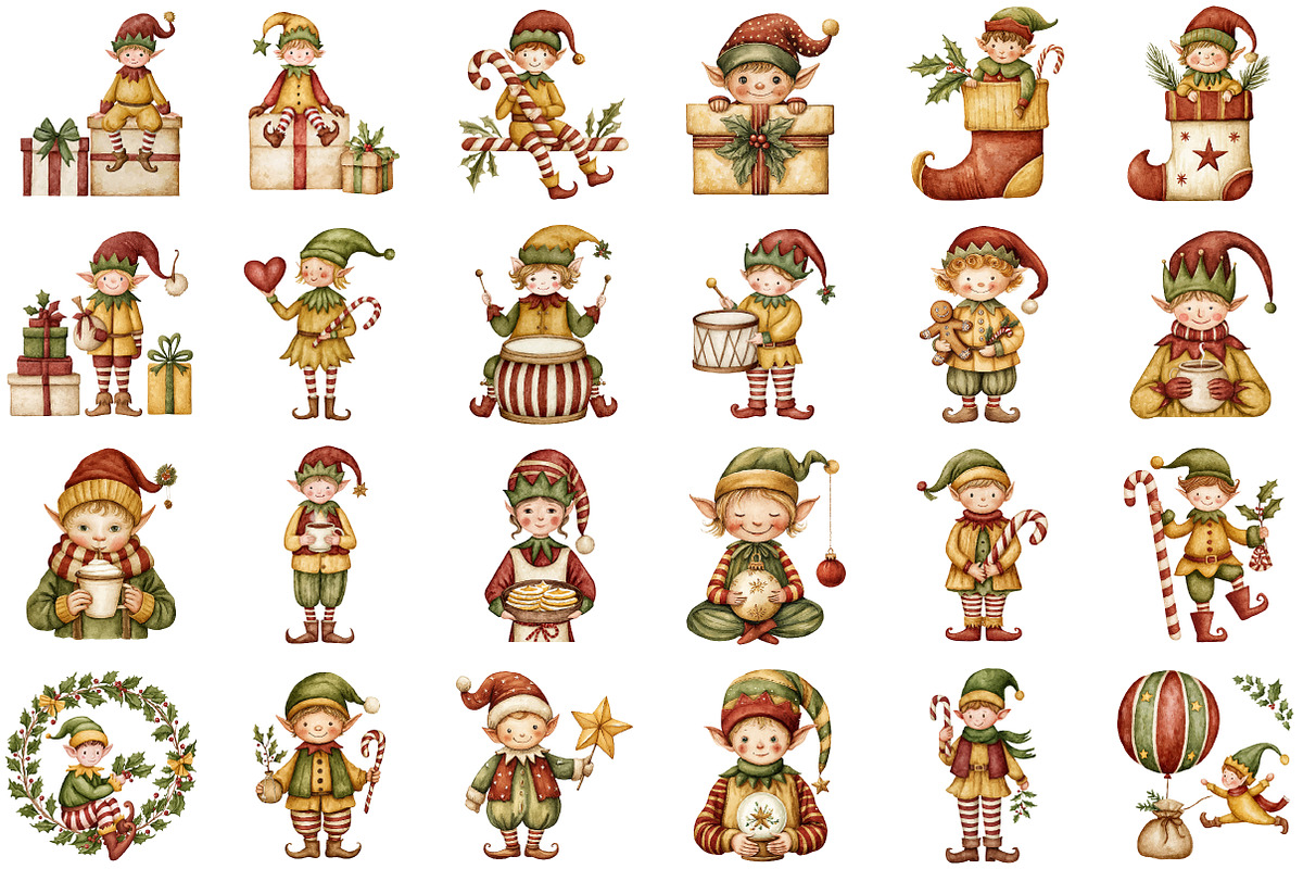 Christmas Elf Watercolor Clipart, an Illustration by Sublimation Artist (Photo 2 of 6)