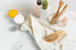 Bathroom essentials for daily self care and personal hygiene, a Beauty & Fashion Photo by Olena Rudo
