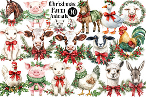 Christmas Farm Animals Clipart, a Seasonal Illustration by CitraGraphics