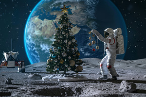 Futuristic holiday celebration with an astronaut and a Christmas tree on the mo, a Holiday Photo by Mashimara
