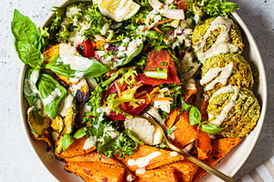 Falafel salad bowl featuring arabian, arabic, and background