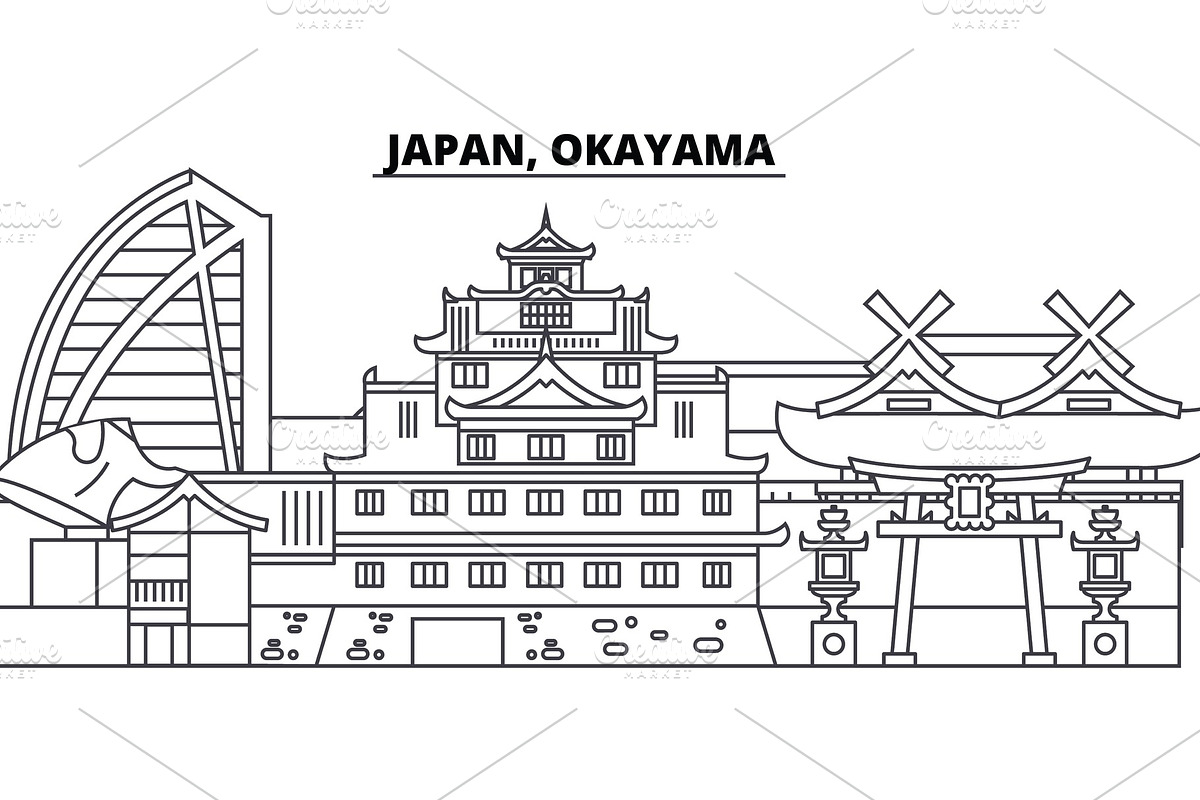 Japan, Okayama line skyline vector illustration. Japan, Okayama linear cityscape with famous landmarks, city sights, vector landscape., an Illustration by urban icon